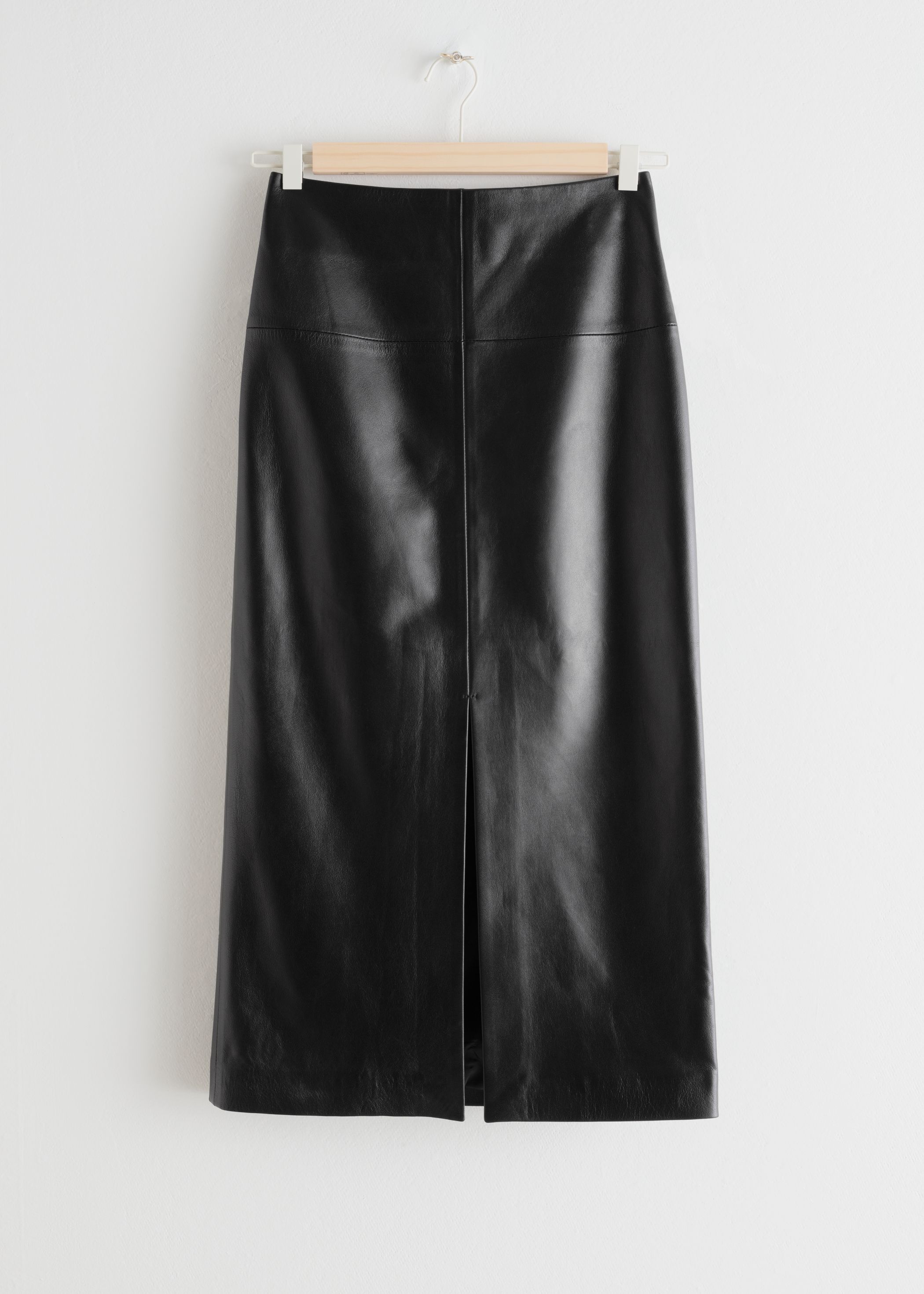 Front Slit Leather Midi Skirt