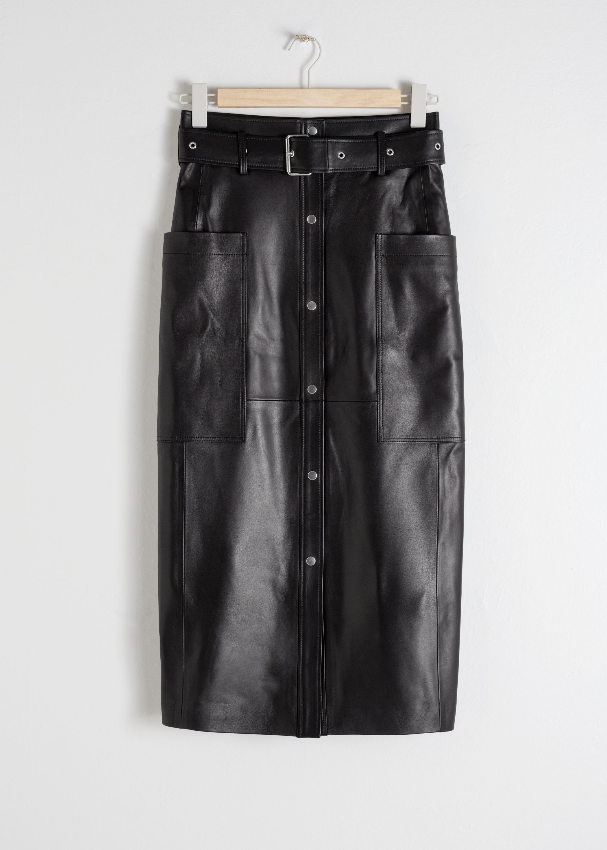 Belted Leather Midi Skirt