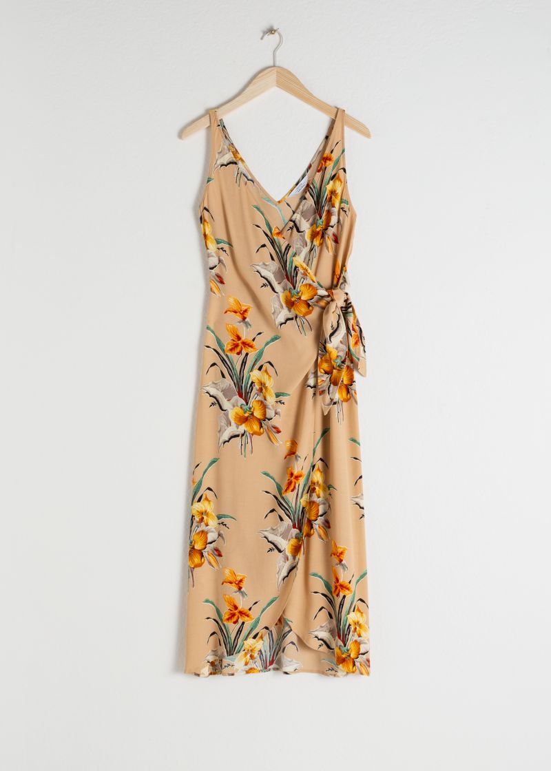 Tropical Print Midi Wrap Dress