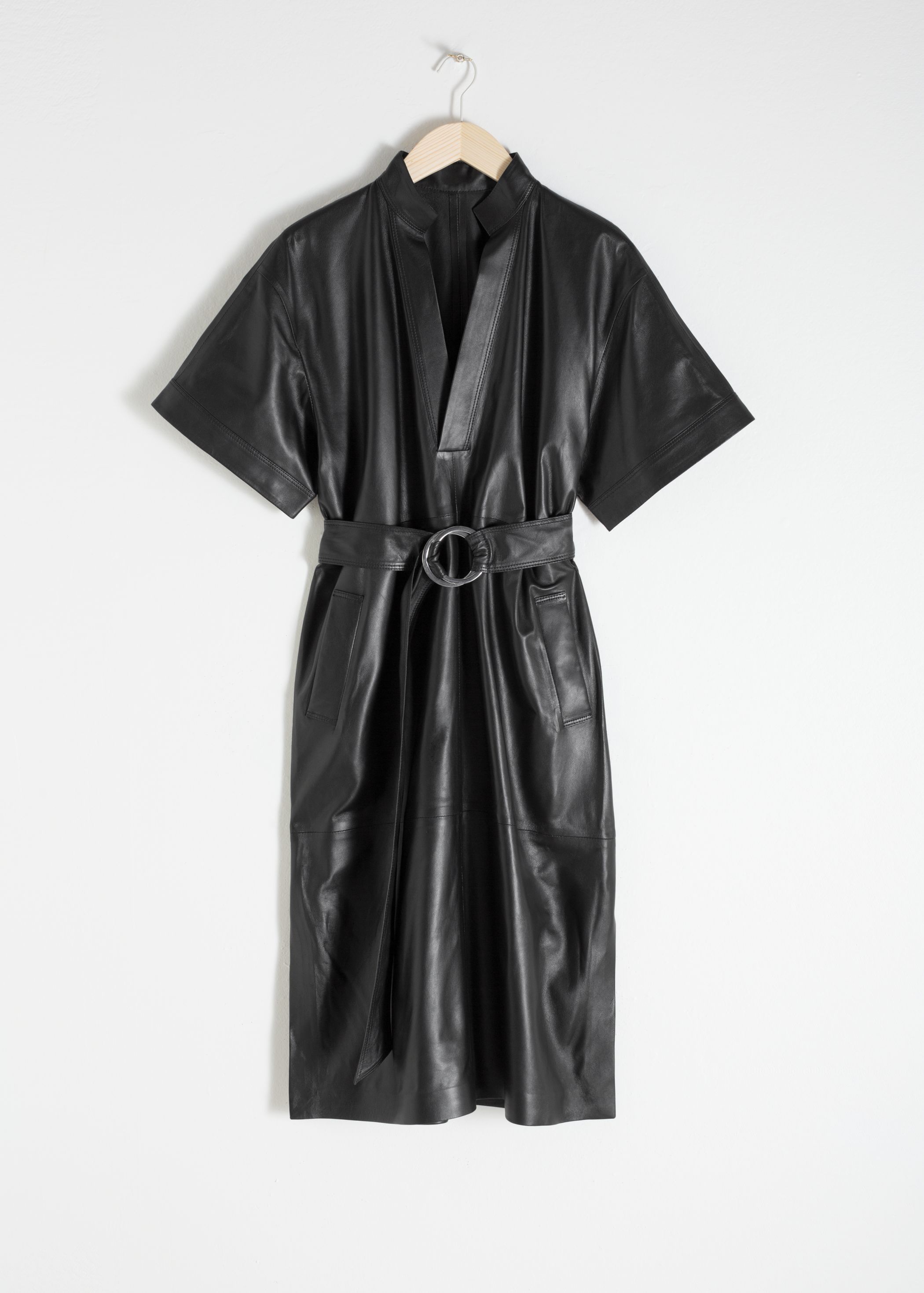 Belted Leather Midi Dress