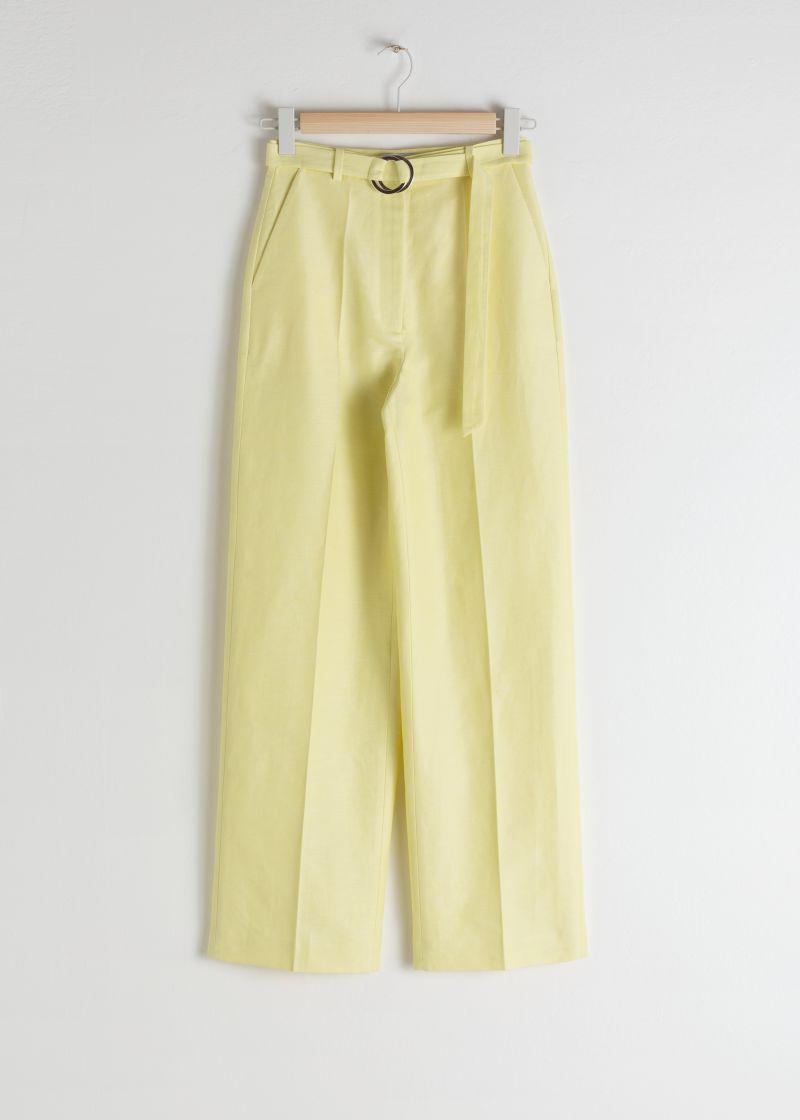Belted Cotton Linen Blend Trousers