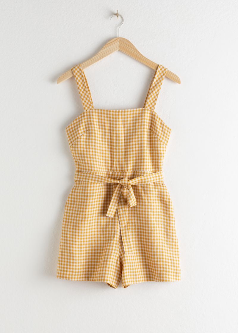 Gingham Square Neck Linen Romper
