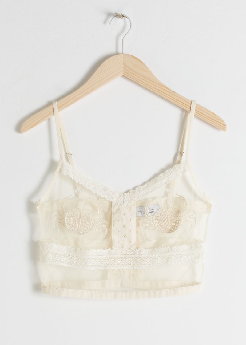 Transparentes Tanktop mit Krabbenstickerei