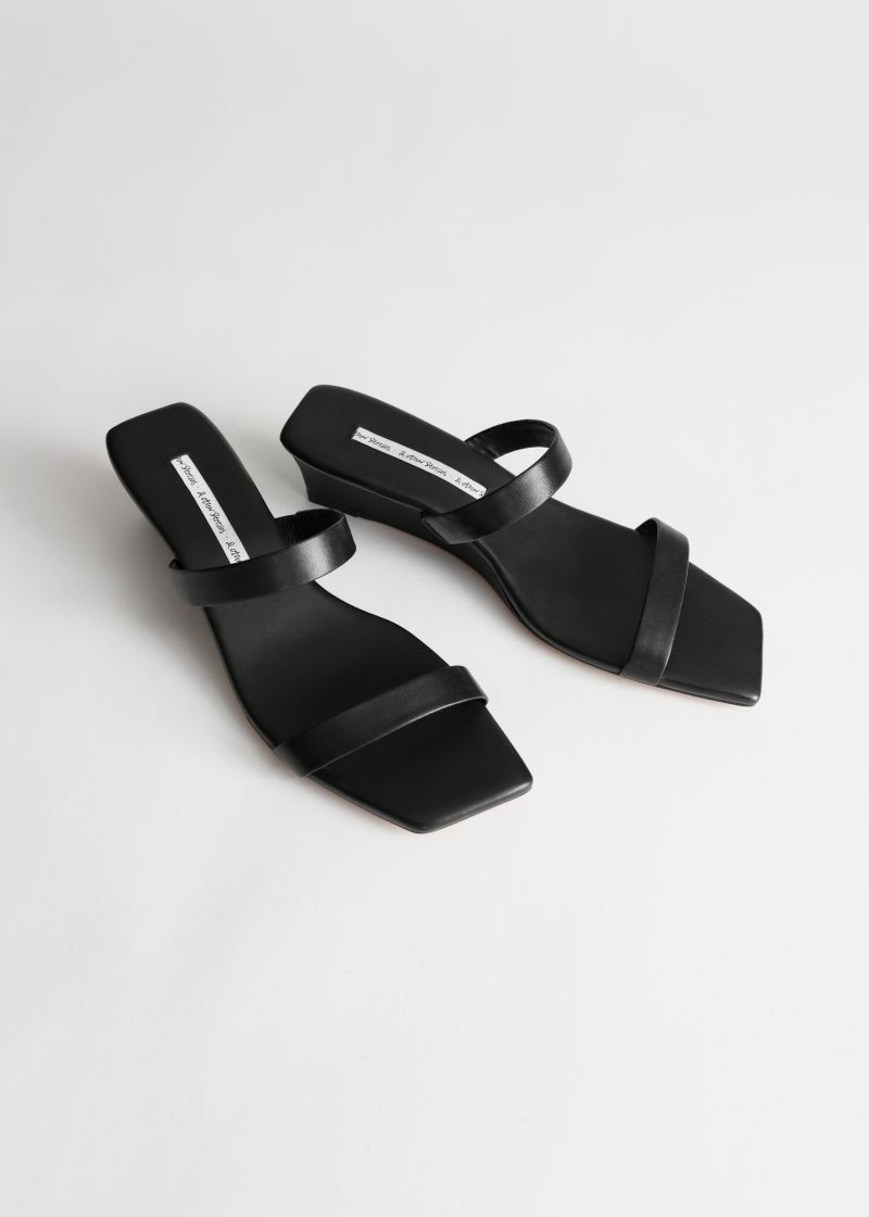 Square Toe Duo Strap Leather Wedges