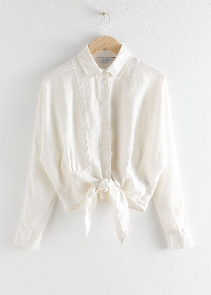 Linen Front Tie Collared Blouse