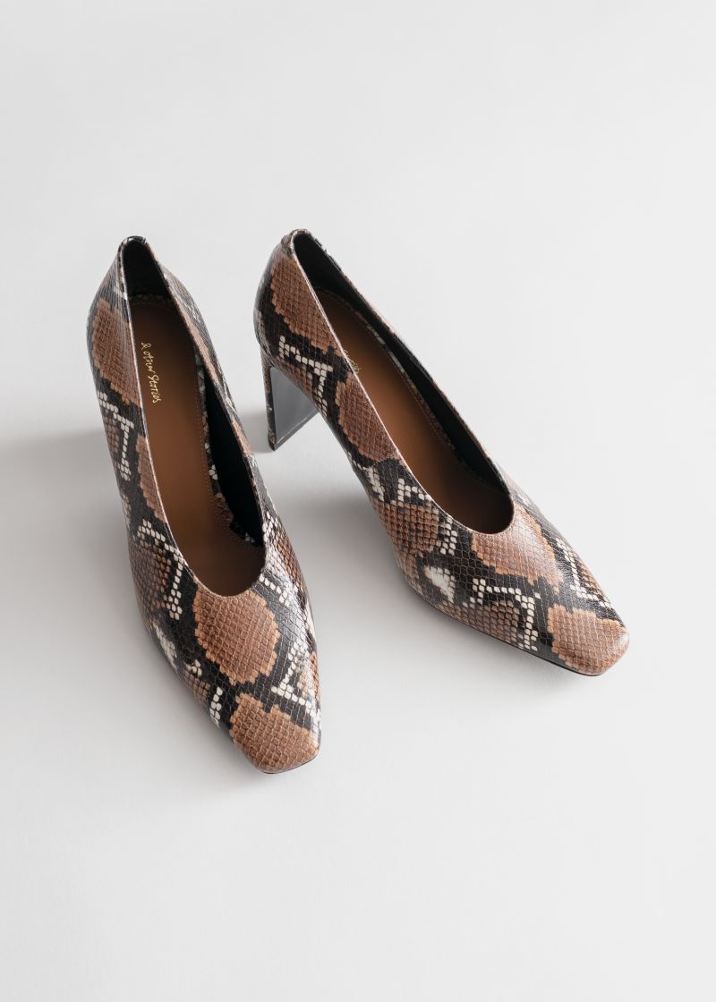 Squared Toe Snake Embossed Pumps