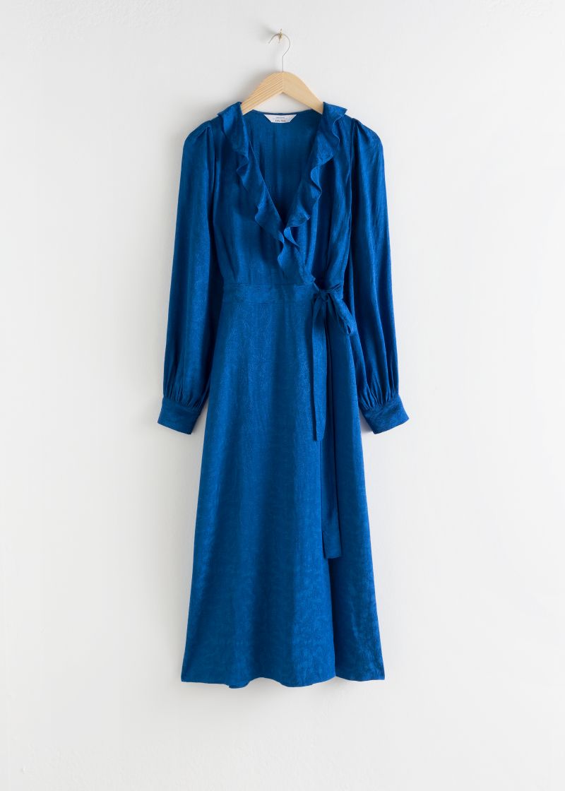 Ruffled Jacquard Midi Wrap Dress
