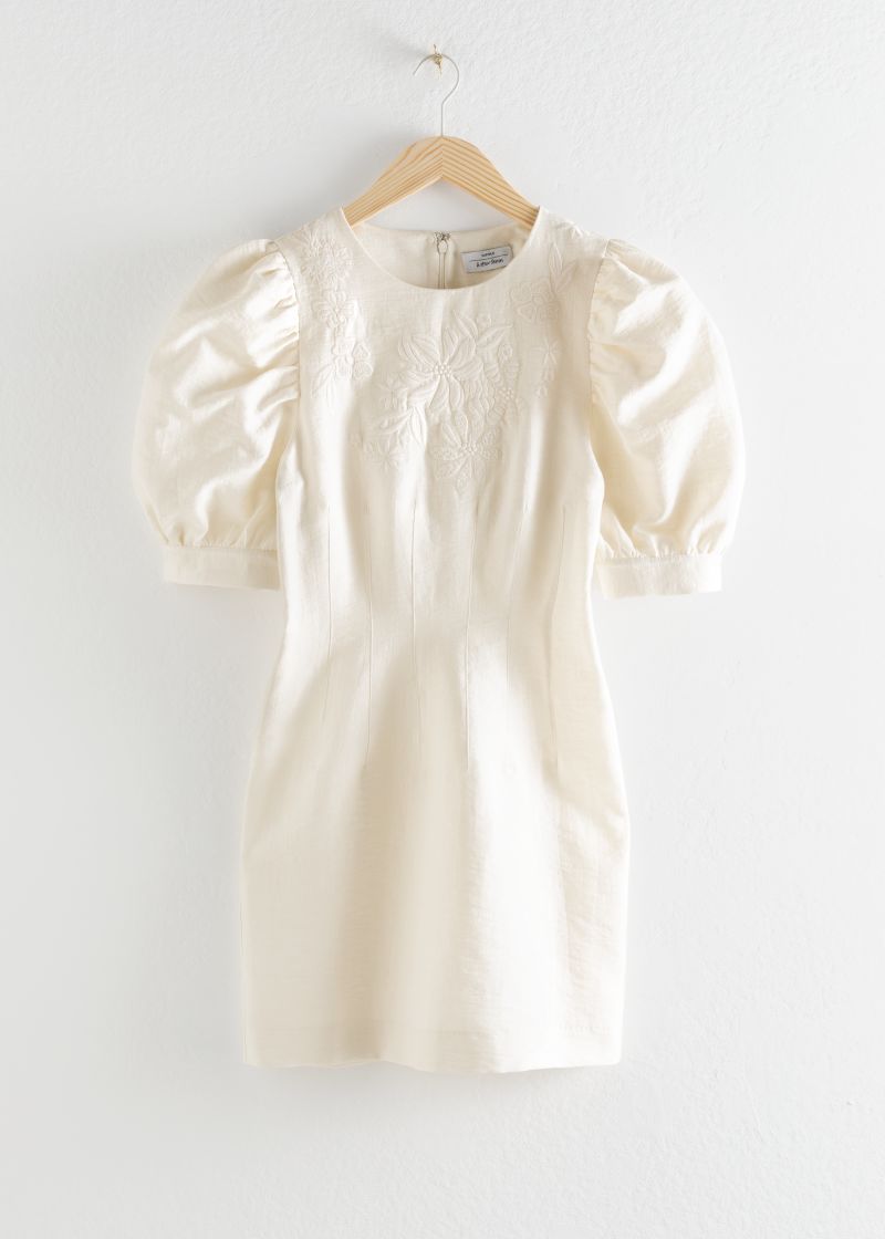 Embroidered Cotton Dress With Puff Sleeves