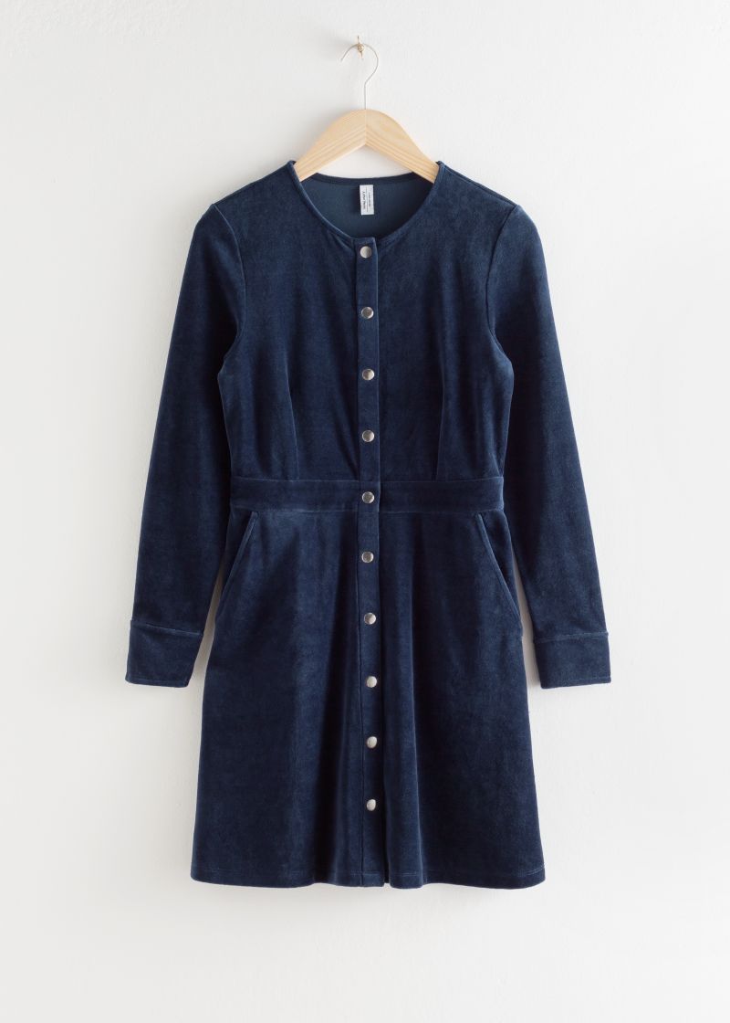 Velour Stud Button Mini Dress
