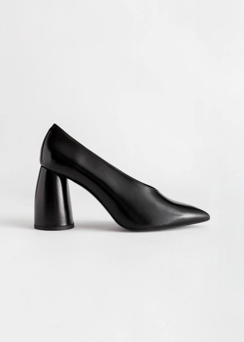 Flared Block Heel Leather Pumps