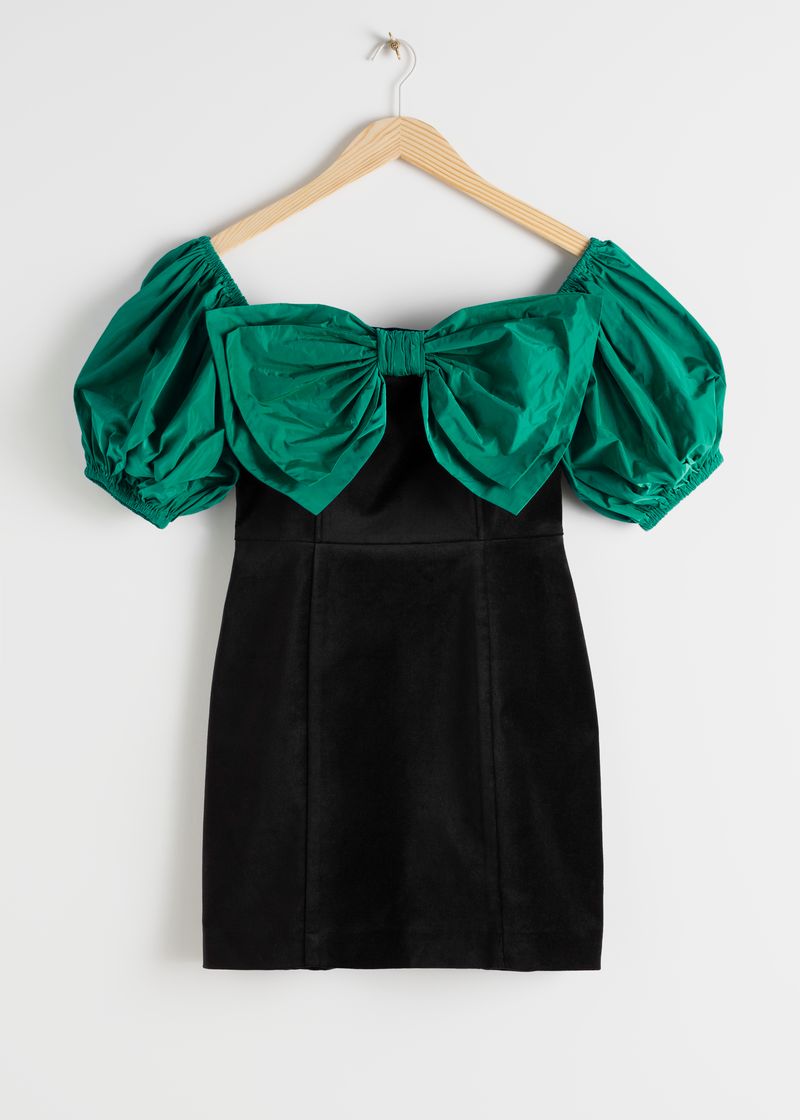 Gathered Puff Bow Mini Dress