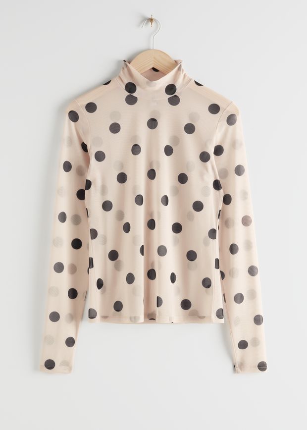 Polka Dot Mesh Turtleneck Top