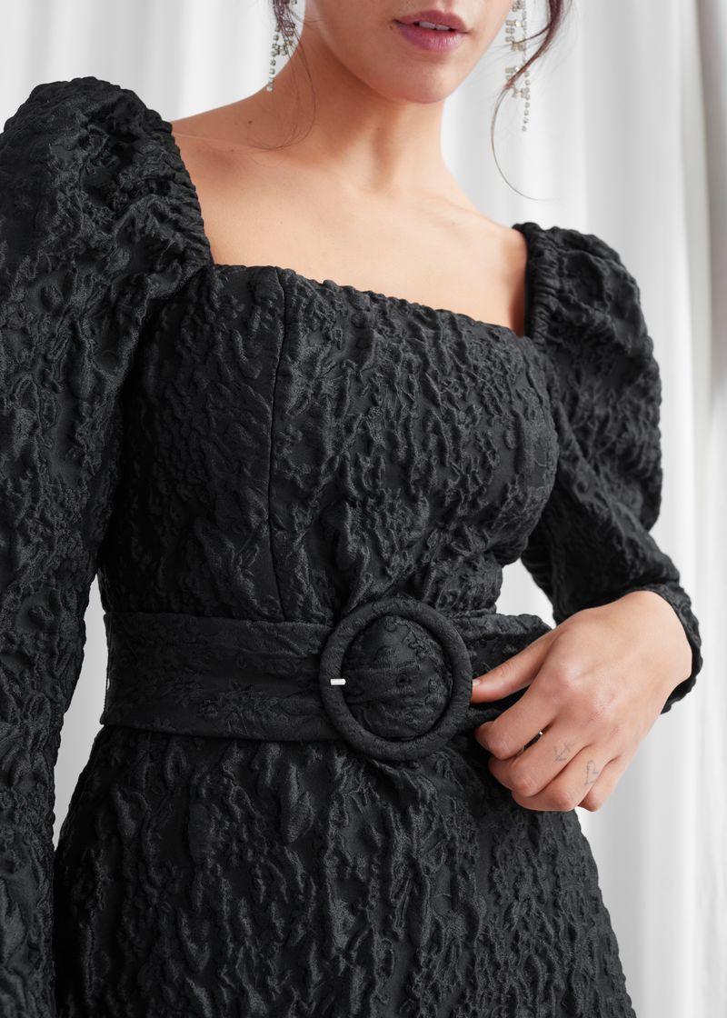 Belted Puff Sleeve Jacquard Mini Dress