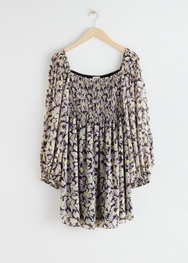 Voluminous Floral Smocked Dress