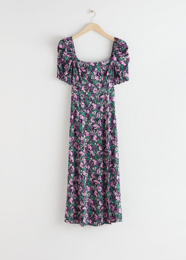 Puff Shoulder Crepe Midi Dress