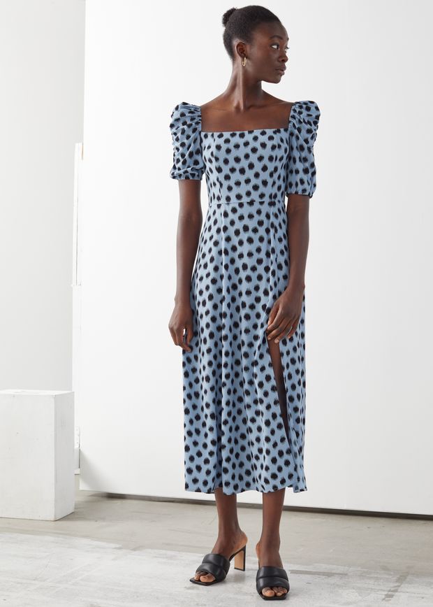 Puff Shoulder Crepe Midi Dress