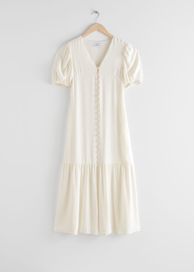Midikleid mit Knopfleiste und Puffärmeln