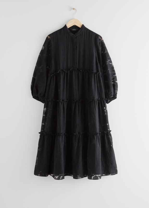 Voluminous Tiered Puff Sleeve Midi Dress