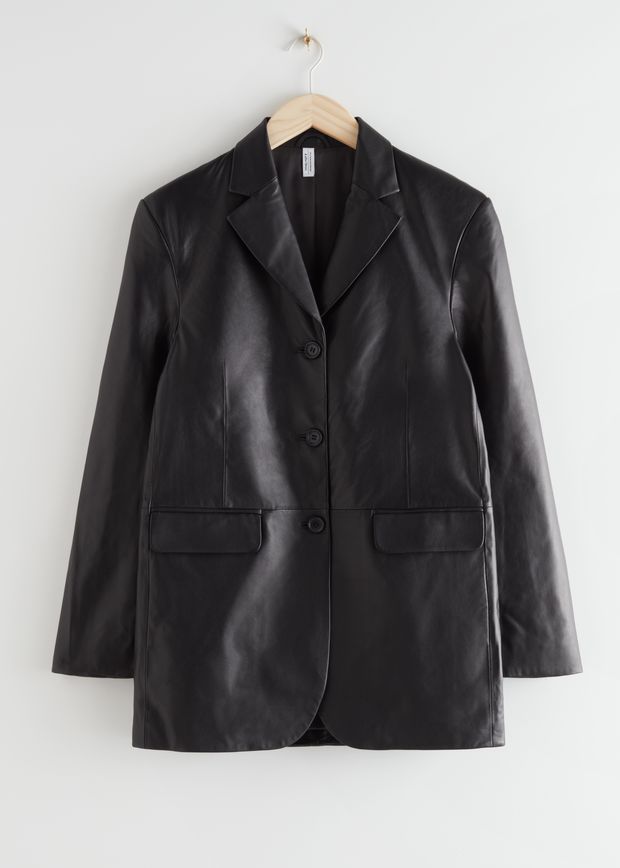 Long Fitted Padded Shoulder Leather Blazer