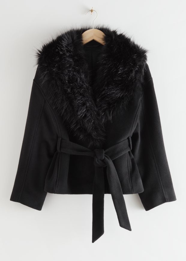 Short Belted Faux Fur Collar Coat