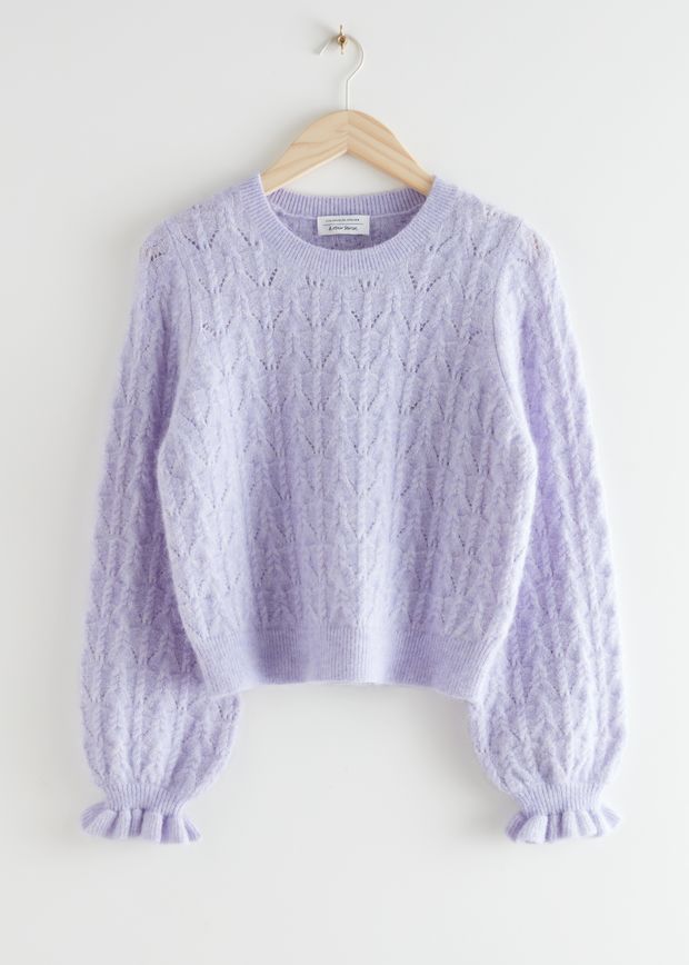 Alpaca Blend Ruffled Cable Knit Sweater