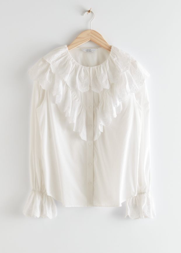 Relaxed Embroidered Ruffle Button Up Blouse