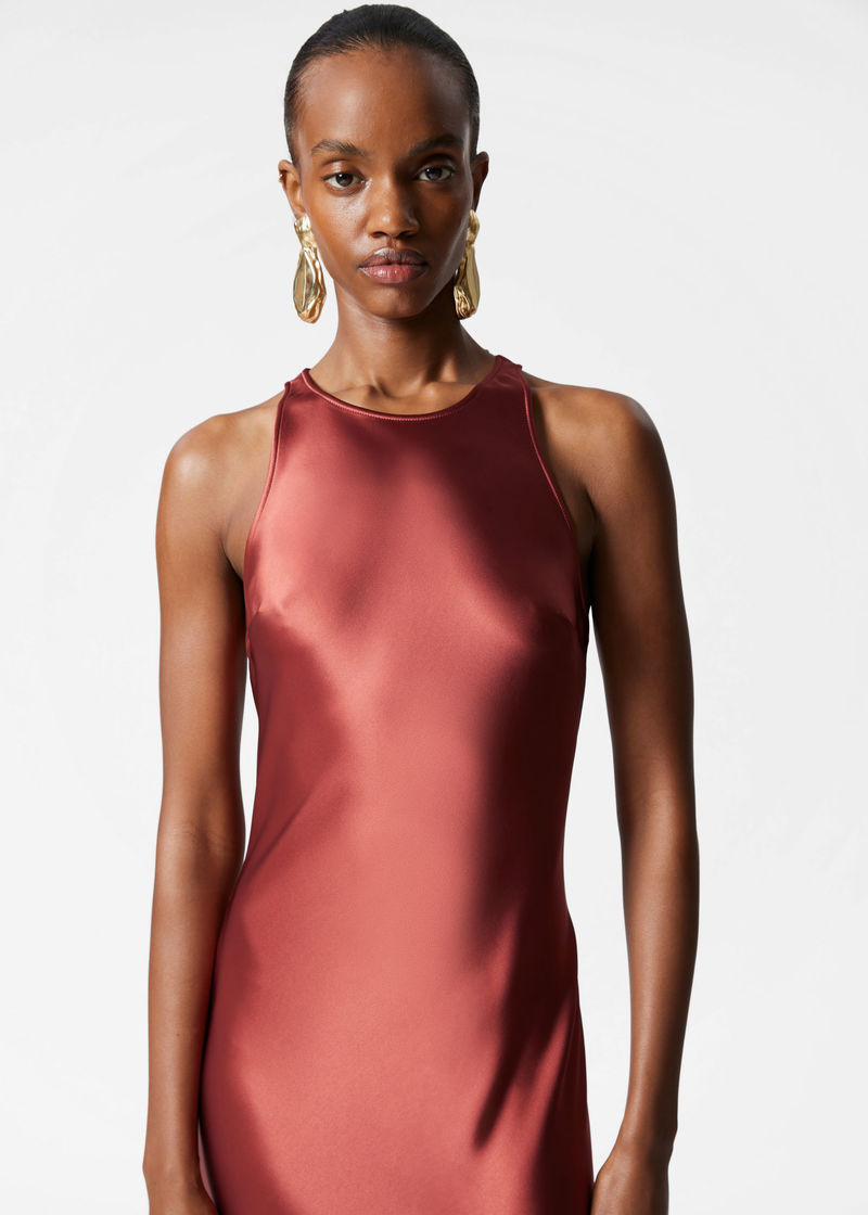 dark red sleeveless satin midi dress