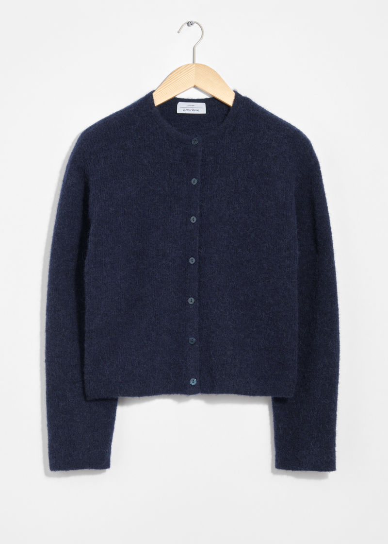 navy alpaca-blend knit cardigan
