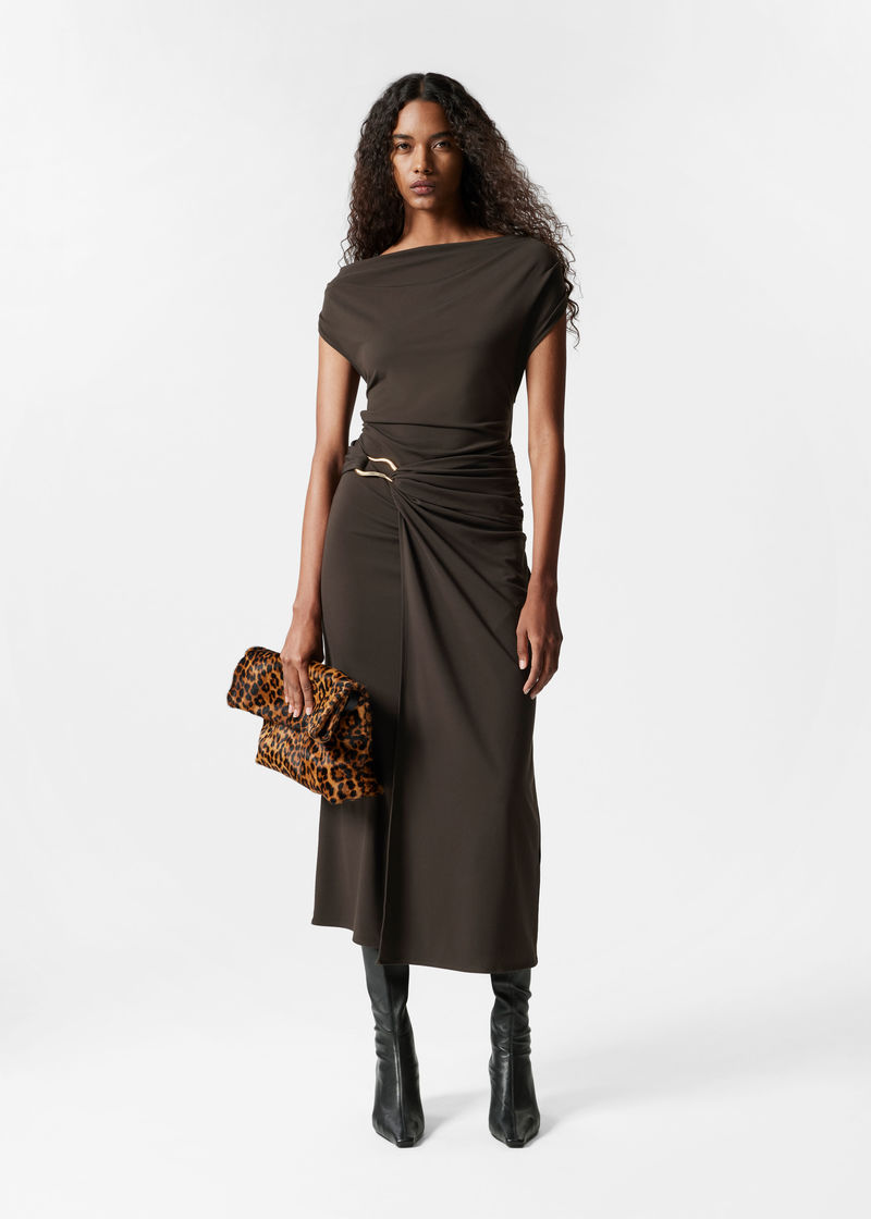 dark brown draped midi dress