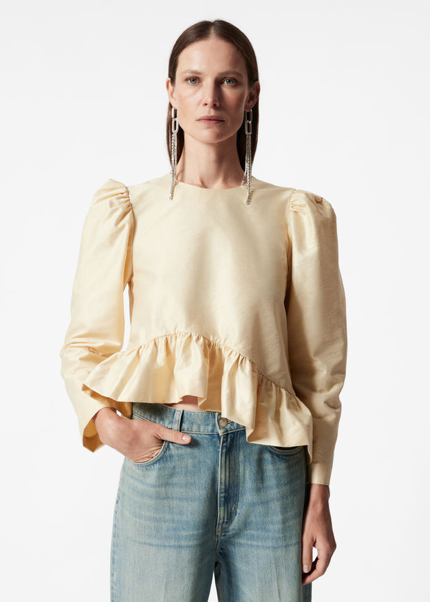 beige asymmetric ruffle peplum blouse