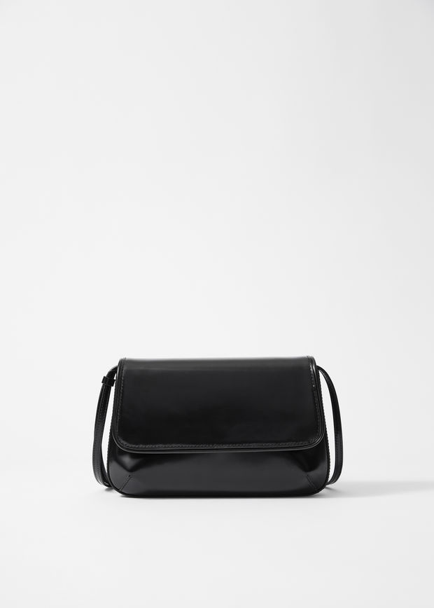 black glossed leather crossbody bag