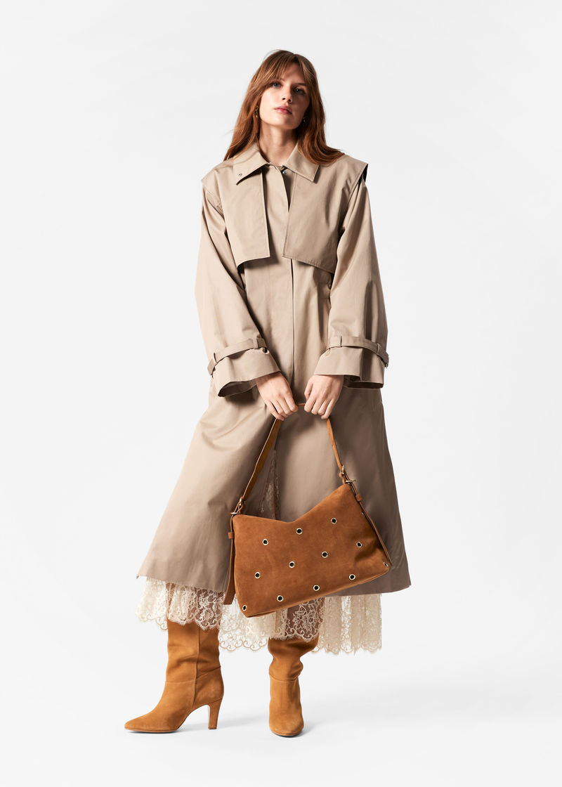 beige funnel neck trench coat