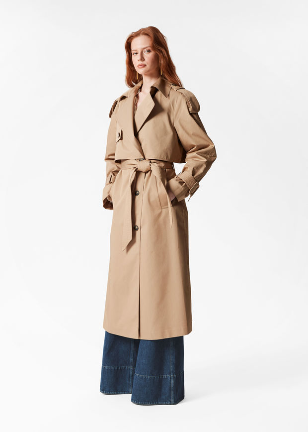 beige belted trench coat