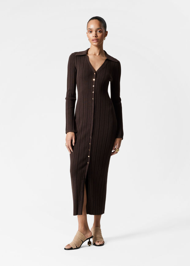 brown rib knit wool maxi dress