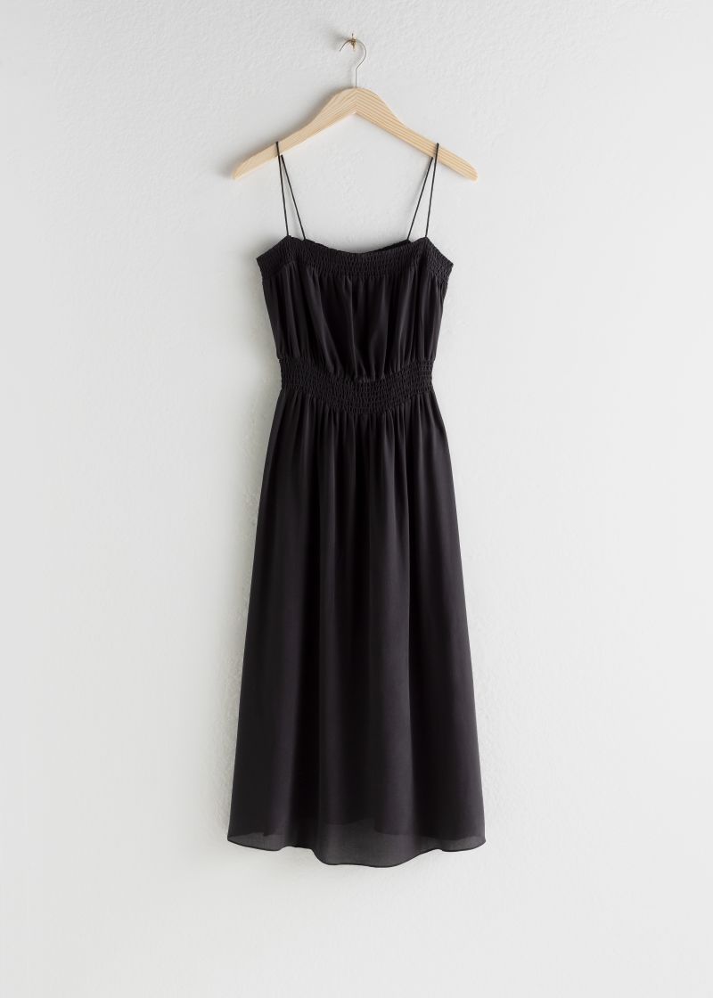 Smocked Silk Midi Dress