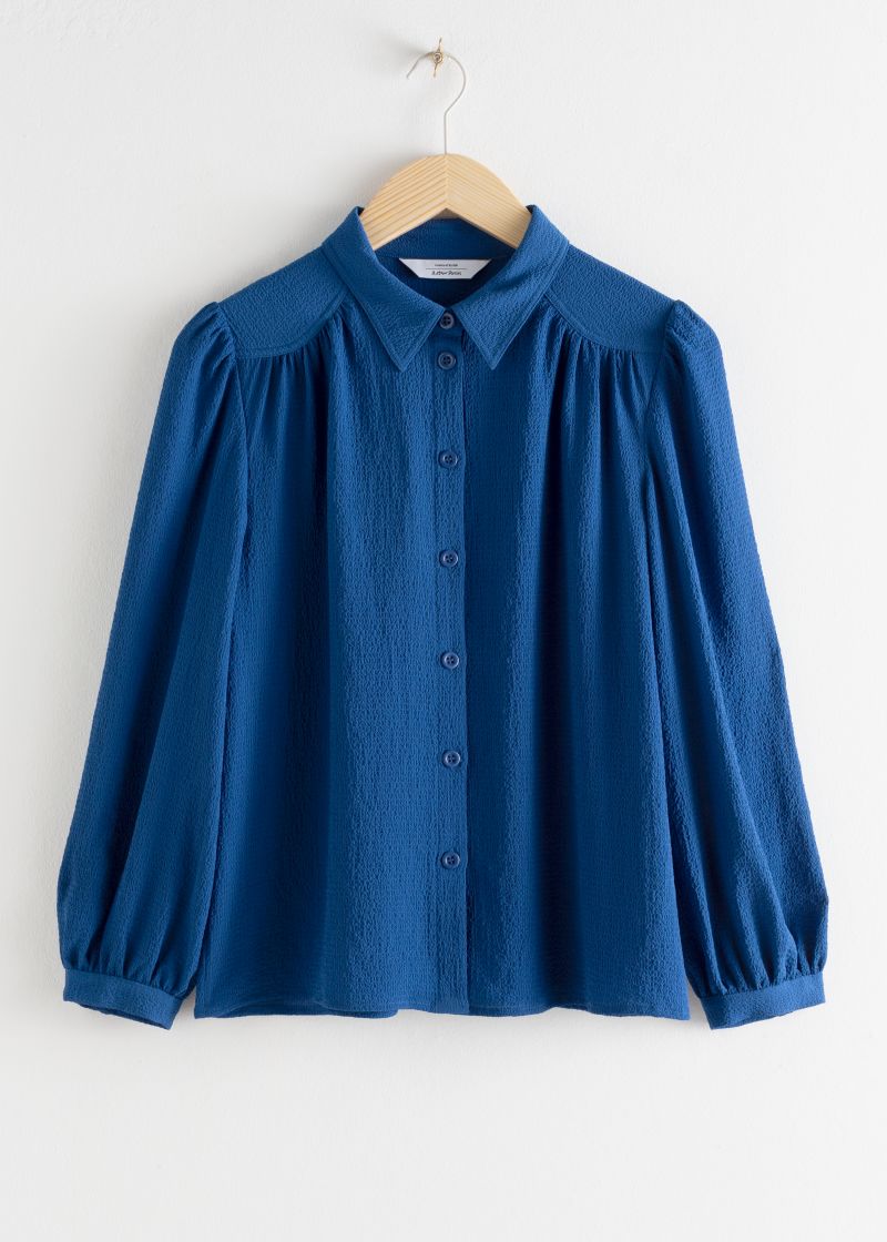 Gathered Crepe Button Down Blouse