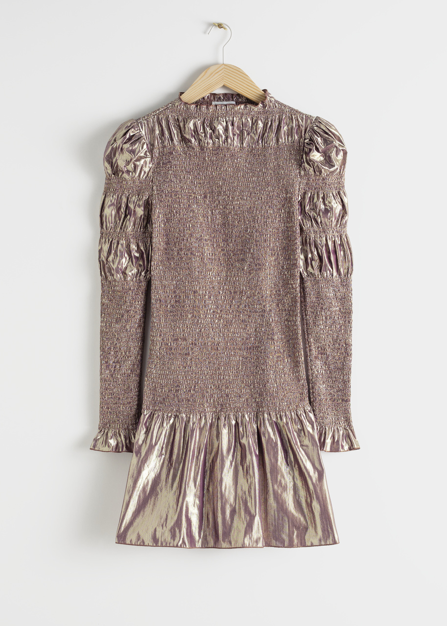Smocked Metallic Mini Ruffle Dress