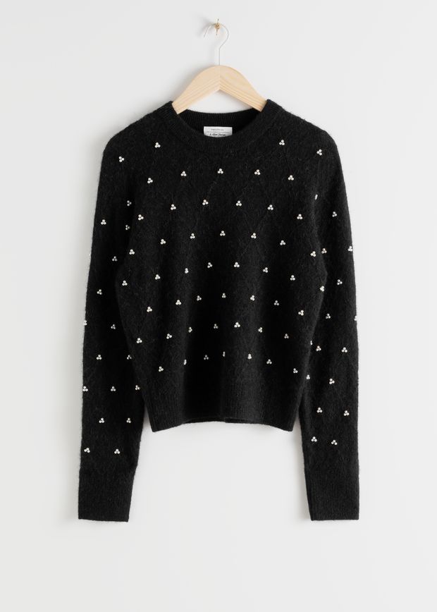 Pearl Embellished Diamond Knit Sweater
