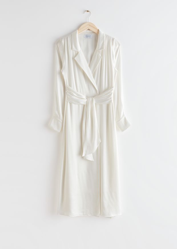 Belted Padded Shoulder Cupro Midi Dress