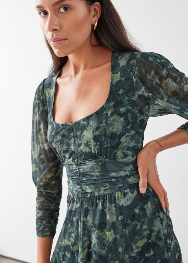 Gathered Square Neck Midi Dress