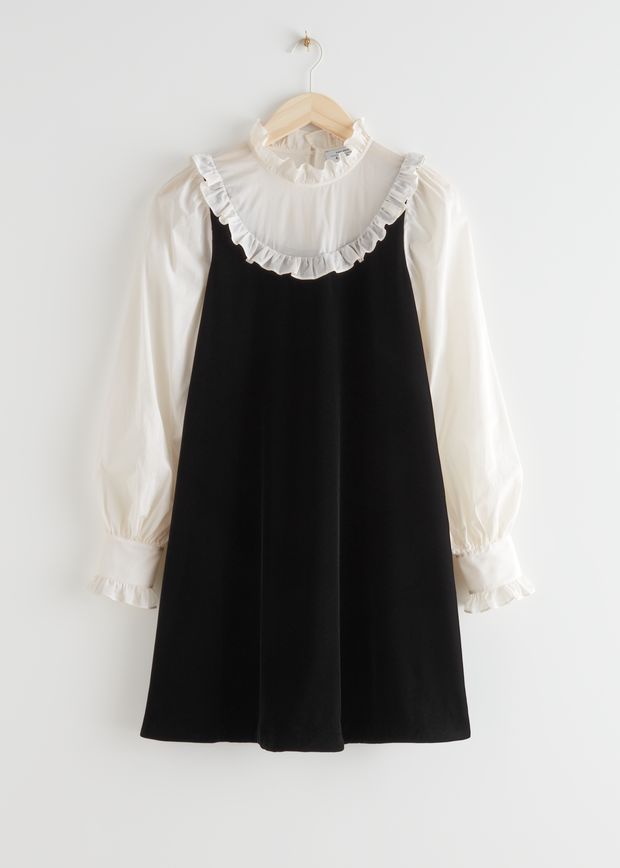 Ruffled Velvet Balloon Sleeve Mini Dress